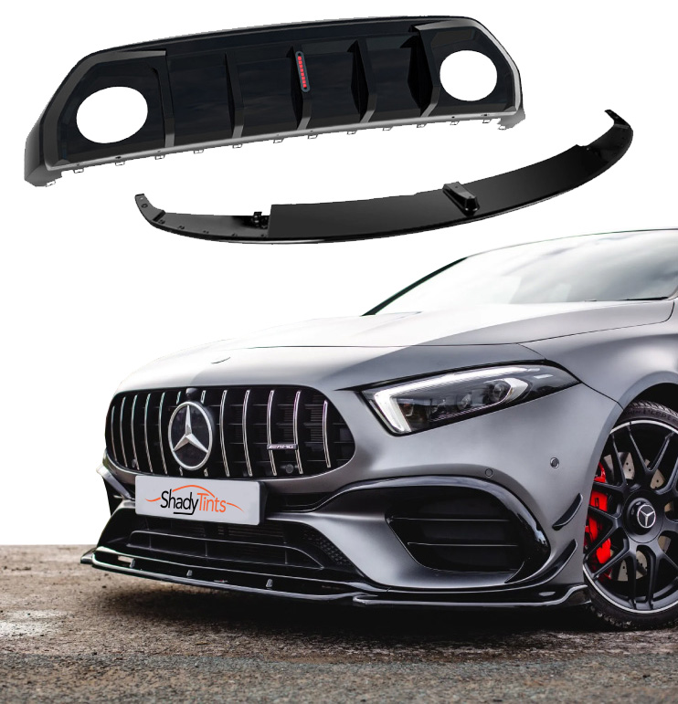 Body styling components and a Mercedes fitted with a front splitter